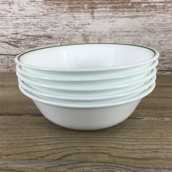 Corelle Set Of 5 White Soup/Cereal Bowls with Dark Green Band 6 1/4" - Picture 10 of 12